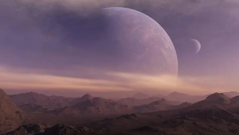 3d rendered Space Art: Alien Planet - A Fantasy Landscape with blue skies and Stock Illustration