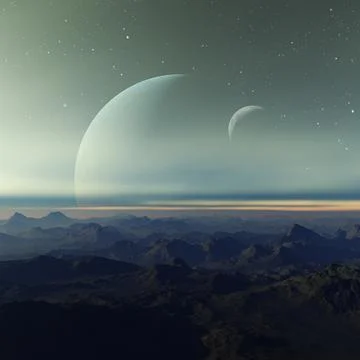 3d rendered Space Art: Alien Planet - A Fantasy Landscape with dark skies and Stock Illustration