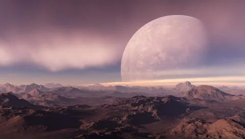 3d rendered Space Art: Alien Planet - A Fantasy Landscape with purple skies a Stock Illustration