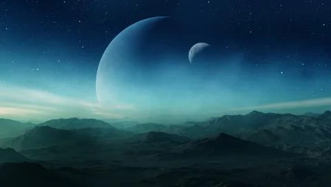 3d rendered Space Art: Alien Planet - A Fantasy Landscape with blue skies and Stock Illustration
