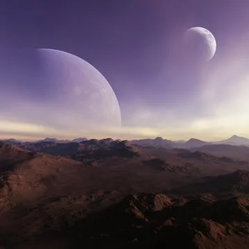 3d rendered Space Art: Alien Planet - A Fantasy frozen landscape with planets Stock Illustration