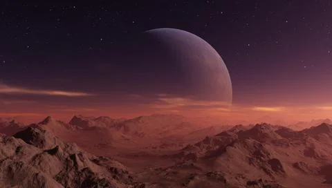 3d rendered Space Art: Alien Planet - A Fantasy frozen landscape with planets Stock Illustration