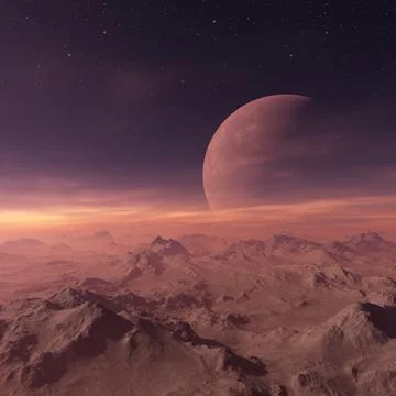 3d rendered Space Art: Alien Planet - A Fantasy Landscape with purple skies a Stock Illustration