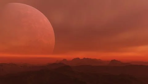 3d rendered Space Art: Alien Planet - A Fantasy Landscape with red skies Stock Illustration