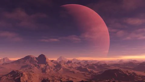 3d rendered Space Art: Alien Planet - A Fantasy Landscape with red planet and Stock Illustration