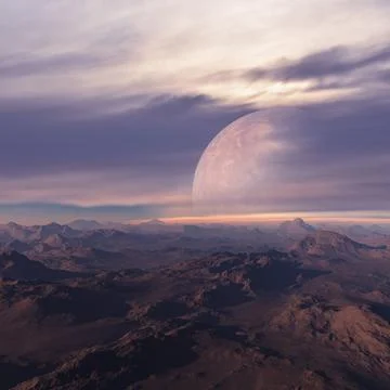 3d rendered Space Art: Alien Planet - A Fantasy Landscape with blue skies and Stock Illustration