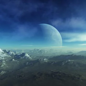 3d rendered Space Art: Alien Planet - A Fantasy frozen landscape with planets Stock Illustration