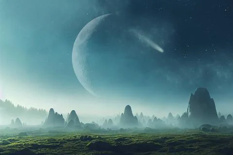 3d rendered Space Art: Alien Planet - A Fantasy Landscape with blue skies and Stock Illustration
