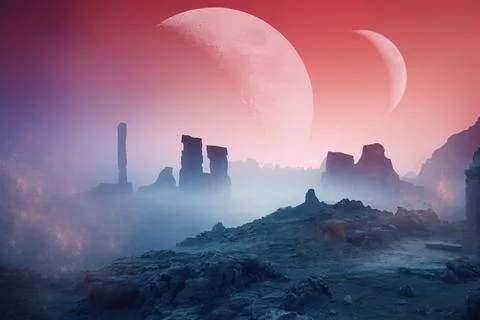 3d rendered Space Art: Alien Planet - A Fantasy Landscape with red skies and Stock Illustration
