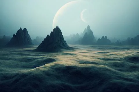 3d rendered Space Art: Alien Planet - A Fantasy Landscape with blue skies and Stock Illustration
