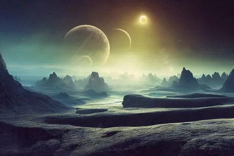 3d rendered Space Art: Alien Planet - A Fantasy frozen landscape with planets Stock Illustration