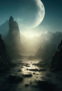 3d rendered Space Art: Alien Planet - A Fantasy Landscape with blue skies and Stock Illustration