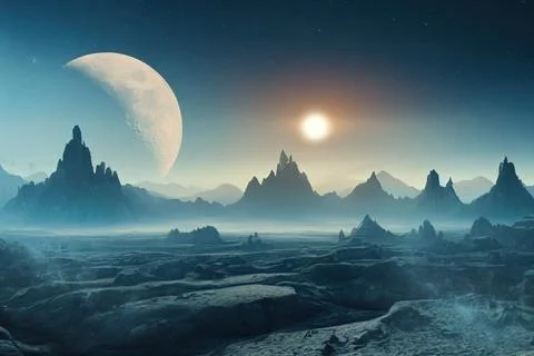 3d rendered Space Art: Alien Planet - A Fantasy Landscape with blue skies and Stock Illustration