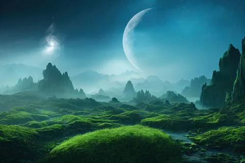 3d rendered Space Art: Alien Planet - A Fantasy Landscape with blue skies and Stock Illustration