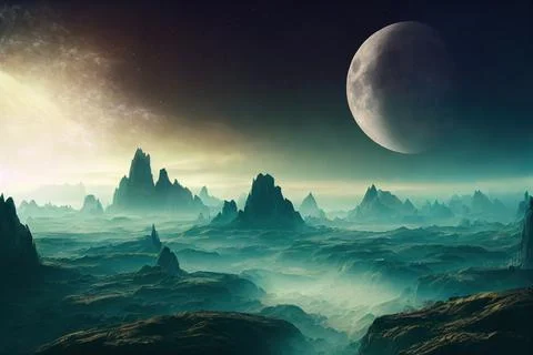 3d rendered Space Art: Alien Planet - A Fantasy Landscape with dark skies and Stock Illustration
