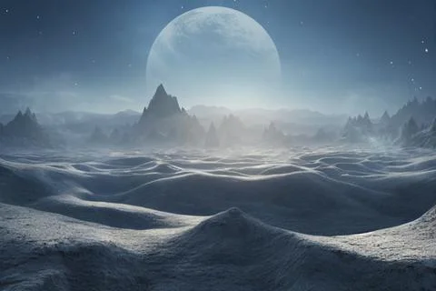 3d rendered Space Art: Alien Planet - A frozen Fantasy Landscape with blue sk Stock Illustration