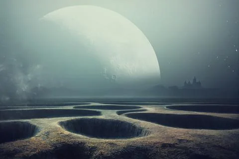 3d rendered Space Art: Alien Planet - A Fantasy alien landscape with huge pla Illustrazione stock
