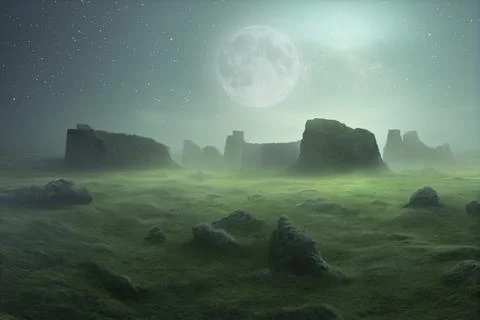 3d rendered Space Art: Alien Planet - A Fantasy Landscape with ruins, apocaly Stock Illustration