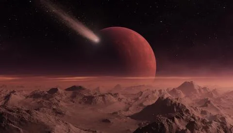 3d rendered Space Art: Alien Planet - A Fantasy Landscape with red skies and Stock Illustration