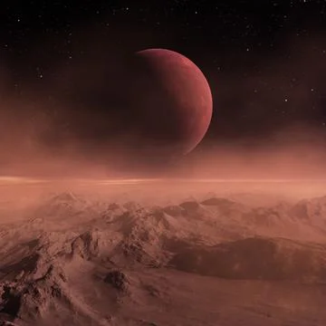 3d rendered Space Art: Alien Planet - A Fantasy Landscape with red skies and Stock Illustration