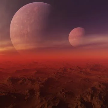 3d rendered Space Art: Alien Planet - A Fantasy Landscape with red skies an.. Stock Illustration