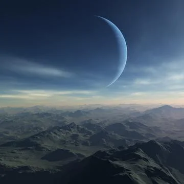 3d rendered Space Art: Alien Planets - A Fantasy Landscape with blue skies .. Stock Illustration
