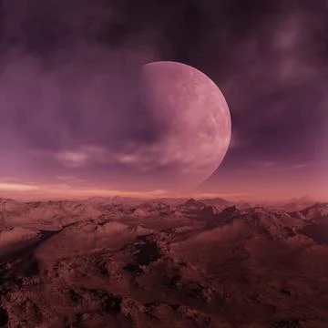 3d rendered Space Art: Alien Planet - A Fantasy Landscape with purple skies.. Stock Illustration