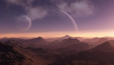 3d rendered Space Art: Alien Planet - A Fantasy Landscape with purple skies.. Stock Illustration