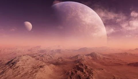 3d rendered Space Art: Alien Planet - A Fantasy Landscape with red planet a.. Stock Illustration