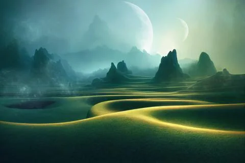 3d rendered Space Art: Alien Planet - A Fantasy alien landscape with huge p.. Stock Illustration