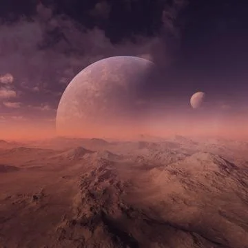 3d rendered Space Art: Alien Planet - A Fantasy Landscape with red planet a.. Stock Illustration