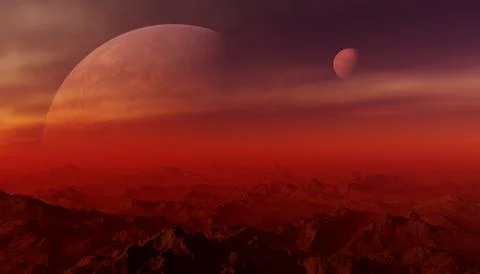 3d rendered Space Art: Alien Planet - A Fantasy Landscape with red skies an.. Stock Illustration