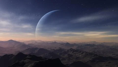 3d rendered Space Art: Alien Planet - A Fantasy Landscape with blue skies a.. Stock Illustration