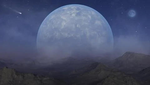 3d rendered Space Art: Alien Planet - A Fantasy Landscape with blue skies a.. Stock Illustration