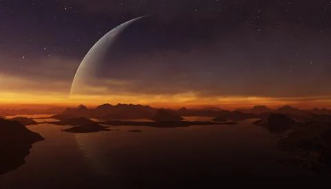 3d rendered Space Art: Alien Planet - A Fantasy Landscape with planet and e.. Stock Illustration