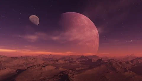 3d rendered Space Art: Alien Planet - A Fantasy Landscape with purple skies.. Illustrazione stock