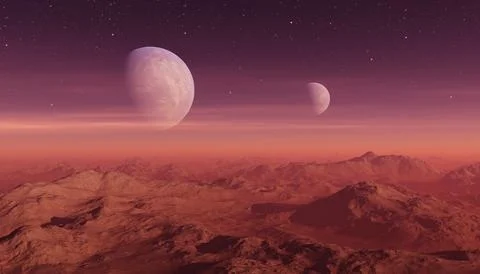 3d rendered Space Art: Alien Planet - A Fantasy Landscape with red skies an.. Stock Illustration