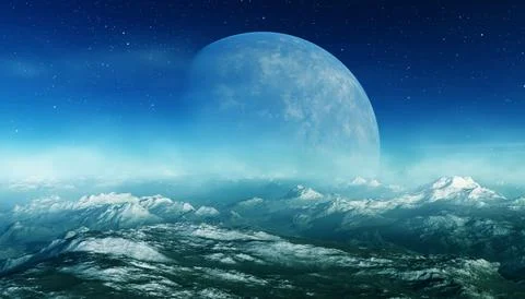 3d rendered Space Art: Alien Planet - A Fantasy frozen landscape with plane.. Stock Illustration