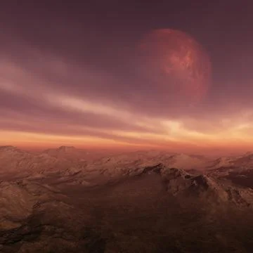 3d rendered Space Art: Alien Planet - A Fantasy Landscape with red planet a.. Illustrazione stock