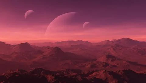 3d rendered Space Art: Alien Planet - A Fantasy Landscape with red skies an.. Illustrazione stock