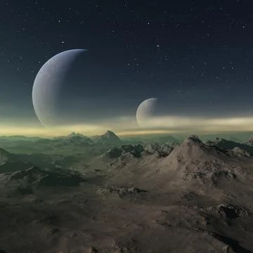 3d rendered Space Art: Alien Planet - A Fantasy frozen landscape with plane.. Stock Illustration