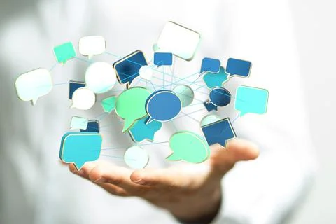 3D rendered speech bubble icons held in person's hand Stock Photos