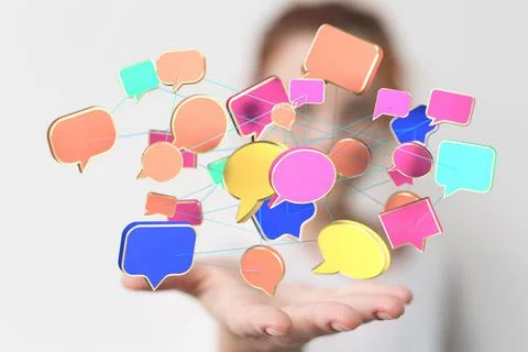 3D rendered speech bubbles, communication on a hand Stock Photos