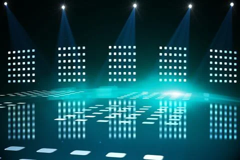 3D-rendered stage floor is reflecting square lights under spotlights with LED Stock Illustration
