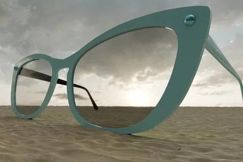 3d rendered sunglasses on beach at sunset Stock Illustration
