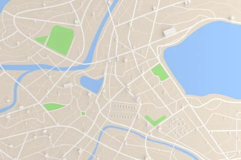 3D rendered top view of city map with road building river 3D illustration Ilustración de archivo