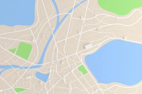 3D rendered top view of city map with road building river 3D illustration Ilustración de archivo