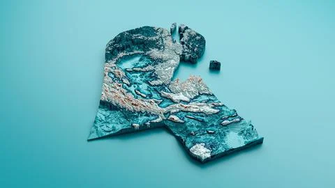 3D-rendered topographic Kuwait-shaped map geology cross section with spectral sh Stock Illustration