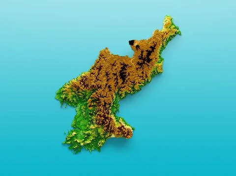 3D rendered topographic map of North Korea on a bright blue ocean background Stock Illustration