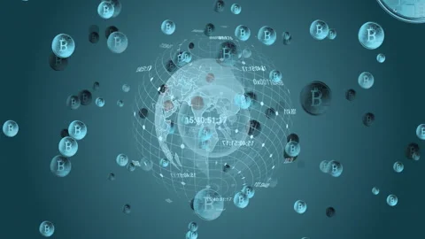 3D-rendered translucent globe with grid network rotating, showing floating Stock Footage 307886039